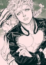 1boy 1other braid braided_ponytail cleavage_cutout clothing_cutout compound_eyes from_side giorno_giovanna gold_experience greyscale high_collar highres jojo_no_kimyou_na_bouken long_sleeves male_focus monochrome pectoral_cleavage pectorals single_braid stand_(jojo) tsukaikata_wa_wakaru upper_body vento_aureo wing_ornament