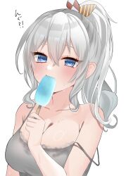 1girl alternate_costume alternate_hairstyle blue_eyes breasts camisole cleavage commentary_request grey_camisole grey_hair highres kantai_collection kashima_(kancolle) large_breasts long_hair looking_at_viewer ponytail popped_collar solo strap_slip upper_body wavy_hair yoshino_(mfmfpng)