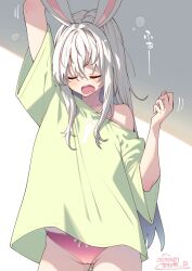 1girl akino_sora animal_ears arm_up bare_shoulders bow bow_panties cameltoe closed_eyes collarbone cowboy_shot dated gluteal_fold green_shirt grey_hair groin hair_between_eyes hair_intakes hand_up highres long_hair off_shoulder_shirt open_mouth original panties pink_panties rabbit_ears rabbit_girl shirt short_sleeves sidelocks signature sleepy solo squeans standing stretching teeth underwear upper_teeth_only very_long_hair waking_up white_bow yawning