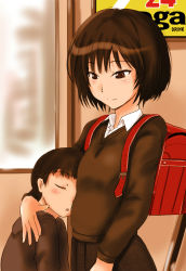 1boy 1girl age_difference aged_down amagami backpack bag black_hair brother_and_sister brown_eyes child murasaki_iro nanasaki_ai nanasaki_ikuo onee-shota pleated_skirt randoseru school_uniform short_hair siblings skirt sleeping smile sweater