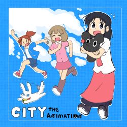3girls =_= animal ayumu_niikura black_hair black_shoes blonde_hair blue_background blue_eyes blue_hoodie blue_shorts boots border brown_boots brown_hair buttons cacctus32 cat city_(arawi_keiichi) cloud copyright_name crying highres holding holding_stuffed_toy hood hood_down hoodie izumi_wako jumping looking_at_viewer mimineko mob_face multiple_girls nagumo_midori necktie open_clothes open_hoodie open_mouth pink_shirt pink_shorts ponytail red_necktie red_shoes red_skirt running shirt shoes short_hair short_sleeves shorts skirt stuffed_toy tears white_border white_shirt |_|