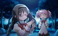 2girls :d ;) ^_^ akemi_homura amy_(madoka_magica) animal artist_request baby_animal black_cat black_hair black_hairband black_skirt bow bowtie braid building bush cat city clenched_hands closed_eyes closed_mouth cobblestone collared_shirt cowboy_shot dot_nose fingernails game_cg glasses hair_ribbon hairband happy high_collar highres holding holding_animal holding_cat jewelry juliet_sleeves kaname_madoka kitten lace lace-trimmed_shirt lace-trimmed_sleeves lace_trim light_blush long_hair long_sleeves looking_at_another low_twin_braids mahou_shoujo_madoka_magica mahou_shoujo_madoka_magica_(anime) mahou_shoujo_madoka_magica_magia_exedra miniskirt mitakihara_school_uniform multiple_girls night night_sky official_art one_eye_closed open_mouth outdoors park path pink_hair plaid_clothes plaid_skirt pleated_skirt pocket puffy_sleeves purple_eyes red-framed_eyewear red_bow red_bowtie red_ribbon ribbon ring road rock school_uniform shirt short_hair short_twintails skirt sky skyscraper smile standing star_(sky) starry_sky studded_hairband third-party_source tree twin_braids twintails upper_body very_long_hair white_sleeve_cuffs yellow_shirt