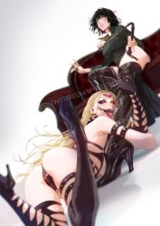2girls black_sclera blonde_hair bondage_outfit boots collar colored_sclera couch crotch_zipper facial_mark forehead_mark fubuki_(one-punch_man) glasgow_smile high_heel_boots high_heels highres holding holding_whip kaijin_hime_do-s leg_worship licking licking_leg looking_at_viewer multiple_girls one-punch_man panties pink_eyes sharp_teeth sitting spiked_collar spikes spykeee teeth thigh_boots thighhighs tongue tongue_out underwear whip zipper zipper_panties