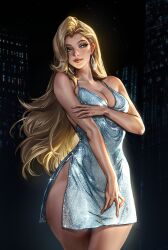 1girl absurdres aylisnyan blonde_hair blue_eyes breasts cleavage dagger_(marvel) dress earrings facial_mark highres jewelry long_hair marvel marvel_rivals night night_sky shiny_clothes sky solo