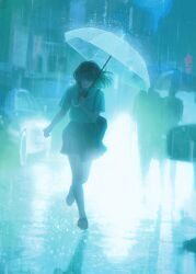 1girl 2others absurdres arm_at_side backlighting bag black_hair blue_theme bob_cut car city closed_eyes collared_shirt hand_up headlight_beam highres holding holding_umbrella light_smile motor_vehicle multiple_others night original outdoors parted_lips pleated_skirt puddle rain reflection road running school_uniform shirt shoes short_sleeves shoulder_bag skirt solo_focus street traffic transparent transparent_umbrella u_u umbrella urban white_shirt wing_collar wohaiweilao