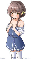 1girl bare_shoulders blue_dress braid brown_eyes brown_hair collarbone dress feet_out_of_frame flat_chest grey_sailor_collar kantai_collection one-hour_drawing_challenge ray.s sailor_collar short_hair short_hair_with_long_locks side_braid solo thighhighs ukuru_(kancolle) undressing white_thighhighs