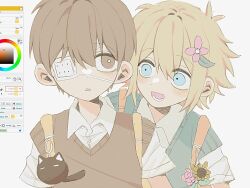 2boys :d animal_charm antenna_hair arms_at_sides art_program_in_frame art_program_request backpack bag basil_(faraway)_(omori) basil_(omori) behind_another black_eyes black_hair black_sweater_vest blonde_hair blue_eyes blush bright_pupils collared_shirt double-parted_bangs eyepatch flower green_sweater_vest hair_behind_ear hair_between_eyes hair_flower hair_ornament leaf looking_at_another lower_teeth_only male_focus medical_eyepatch mewo multiple_boys my_loleeta omori open_mouth parted_lips pink_flower shirt short_hair short_sleeves simple_background smile spoilers sunny_(omori) sweater_vest teeth upper_body very_short_hair white_background white_pupils white_shirt wide-eyed yellow_bag