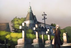 1girl book cross female_focus grave graveyard jacket kareido_(kaleidoscope) original outdoors solo
