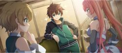 1boy 2girls armor bare_shoulders black_sleeves blonde_hair breastplate breasts brown_hair chair cielo_(konosuba) closed_mouth detached_sleeves dutch_angle erika_(konosuba) game_cg green_eyes green_pants green_track_suit hand_on_own_chin hand_on_own_hip hands_on_own_hips highres indoors kono_subarashii_sekai_ni_shukufuku_wo! konosuba!_fantastic_days leaning long_hair medium_breasts multiple_girls official_art pants parted_lips pink_hair red_eyes satou_kazuma short_eyebrows short_hair sideways_mouth smile spaghetti_strap sparkle stairs third-party_source track_suit twintails very_long_hair wooden_chair wooden_floor wooden_stairs