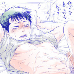 2boys ace_of_diamond aftersex bed blush bottomless cum cum_on_body erection kuramochi_youichi lying male_focus multiple_boys penis sawamura_eijun sweat yaoi