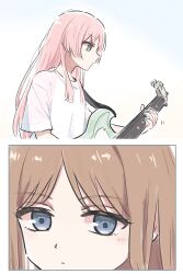2girls bang_dream! bang_dream!_it&#039;s_mygo!!!!! blue_eyes brown_hair chihaya_anon closed_mouth commentary electric_guitar grey_eyes guitar highres instrument long_hair lyy multiple_girls nagasaki_soyo pink_hair shirt short_sleeves sidelocks symbol-only_commentary white_shirt