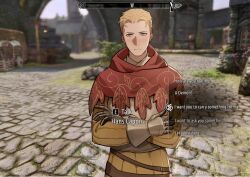 1boy armor armored_gloves blonde_hair blue_eyes blurry blurry_background blush breastplate cape closed_mouth commentary crossed_arms dialogue_options english_commentary english_text hans_capon highres jacket kingdom_come:_deliverance kingdom_come:_deliverance_ii looking_at_viewer male_focus red_cape screenshot_background short_hair solo the_elder_scrolls the_elder_scrolls_v:_skyrim tworain_w upper_body yellow_jacket