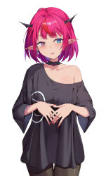 +_+ 1girl absurdres aqua_eyes armpit_crease black_choker black_horns black_pantyhose black_shirt blush breasts choker closed_mouth collarbone commentary earrings fingernails heterochromia highres hololive hololive_english horns irys_(hololive) jewelry looking_at_viewer medium_hair multicolored_hair nail_polish off-shoulder_shirt off_shoulder pantyhose pink_eyes pink_hair pointy_ears red_hair red_horns red_nails rooby_n shirt short_sleeves simple_background single_bare_shoulder single_off_shoulder smile solo streaked_hair tongue tongue_out virtual_youtuber white_background