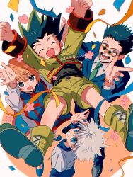 4boys black_hair blonde_hair blue_jacket closed_eyes from_above gon_freecss green_shorts highres hunter_x_hunter jacket killua_zoldyck kurapika leorio_paladiknight multiple_boys open_mouth shirt shorts smile spiked_hair teeth thicopoyo white_hair white_shirt