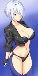 1girl absurdres angel_(kof) blue_eyes breasts chaps cleavage collarbone fingerless_gloves gloves hair_over_one_eye happish_clown highres jacket large_breasts legs looking_at_viewer midriff navel open_clothes open_jacket revealing_clothes short_hair smile snk the_king_of_fighters thighs white_hair
