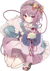 1girl adapted_costume blue_kimono blush bow brown_hairband closed_mouth commentary_request eyeball hair_bow hairband heart highres japanese_clothes kimono komeiji_satori long_sleeves looking_at_viewer medium_hair pink_skirt purple_hair red_eyes seigaiha simple_background skirt solo tamagogayu1998 third_eye touhou white_background wide_sleeves