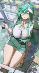 1girl absurdres apron bandaid bandaid_on_arm bandaid_on_wrist blush bottle breasts brown_slippers button_gap cleavage commentary employee_uniform glint green_apron green_eyes green_hair hair_between_eyes hashtag-only_commentary highres holding holding_bottle indoors jindogod large_breasts long_hair long_hair_between_eyes long_sleeves looking_at_viewer mole mole_under_mouth name_tag neck_ribbon on_chair one_side_up open_clothes open_shirt parted_lips partially_unbuttoned portia_(stella_sora) raised_inner_eyebrows ribbon shirt sitting slippers solo stella_sora strap_slip very_long_hair visor_cap white_shirt yellow_ribbon