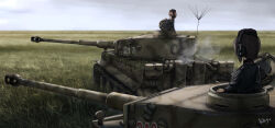 Rule 34 | 2girls, absurdres, black hat, black jacket, brown hair, camouflage, emblem, girls und panzer, hat, headphones, highres, itsumi erika, jacket, kk90, kuromorimine (emblem), kuromorimine military uniform, military, military uniform, military vehicle, motor vehicle, multiple girls, nishizumi maho, pillbox hat, tank, tiger i
