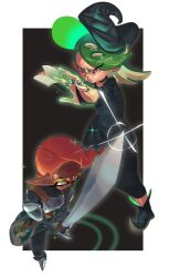 2girls armor black_background book boots border bridal_gauntlets choker dark-skinned_female dark_skin dress fangs frye_(splatoon) green_hair halloween_costume hat holding holding_sword holding_weapon inkling jewelry knight multiple_girls nintendo octoling official_alternate_costume open_mouth orange_hair pink_eyes racdy99 ring shiver_(splatoon) splatoon_(series) splatoon_3 sword tentacle_hair weapon white_border witch witch_hat