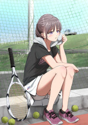 1girl arm_on_own_leg ball black_shirt blush brown_hair clothes_writing commentary_request day full_body highres kei_truck knees_up long_hair motor_vehicle net original outdoors parted_lips pink_shoes ponytail purple_eyes racket shirt shoes short_sleeves shorts shorts_under_skirt signature sitting sneakers solo soragane_(banisinngurei) sweat t-shirt tennis tennis_ball tennis_racket towel towel_around_neck truck watermark white_shorts