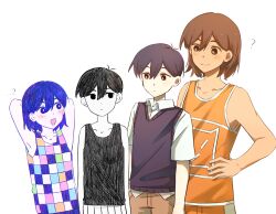 Rule 34 | ..., 4boys, :d, ?, arms at sides, arms behind head, bailan1130, bare arms, bare shoulders, black eyes, black hair, black sweater vest, black tank top, blush, bright pupils, brown eyes, brown hair, brown pants, checkered clothes, chinese commentary, closed mouth, collarbone, collared shirt, colored skin, commentary request, cowboy shot, double-parted bangs, dual persona, empty eyes, expressionless, eye contact, facing viewer, hair behind ear, hair between eyes, hand on own hip, hatching (texture), height difference, highres, kel (faraway) (omori), kel (headspace) (omori), kel (omori), light frown, looking at another, male focus, multiple boys, no pupils, no sclera, omori, omori (omori), open mouth, orange pants, orange tank top, pale skin, pants, pinstripe pants, pinstripe pattern, purple eyes, purple hair, purple pants, shirt, short hair, short sleeves, sideways glance, simple background, smile, standing, sunny (omori), sweater vest, tank top, very short hair, white background, white pants, white pupils, white shirt, white skin, white trim