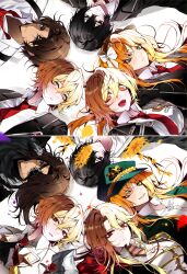 2girls 3boys absurdres ahoge black_eyes black_hair blonde_hair brown_hair cherry_oux dark-skinned_male dark_persona dark_skin don_quixote_(project_moon) dual_persona e.g.o_(project_moon) expressionless eyepatch flower green_eyes hair_between_eyes hat heathcliff_(project_moon) highres ishmael_(project_moon) la_manchaland_(identity)_(project_moon) limbus_company long_hair looking_at_viewer lying military_hat multiple_boys multiple_girls multiple_views n_corp._fanatic_(identity)_(project_moon) on_back open_mouth orange_hair pequod_(identity)_(project_moon) project_moon red_eyes sancho_(project_moon) sidelocks sinclair_(project_moon) smile spicebush_(e.g.o) technology_liberation_alliance_(identity)_(project_moon) very_long_hair wuthering_heights_(identity)_(project_moon) yellow_eyes yellow_flower yi_sang_(project_moon)
