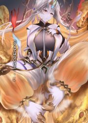 1girl absurdres blush breasts broken_halo feet fire fire_emblem fire_emblem_heroes gullveig_(fire_emblem) gullveig_(seer_beyond_time)_(fire_emblem) halo highres japanese_text large_breasts long_hair looking_at_viewer nenemu0 nintendo oni_horn pale_skin red_eyes snake_hair solo tagme