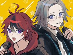 2boys :d aotsuki_eito black_jacket black_streaks blue_eyes glasses grey_eyes grey_hair highres holding holding_microphone hood hoodie jacket looking_at_viewer male_focus manill0400 microphone multicolored_hair multiple_boys official_alternate_costume open_mouth red_hair red_hoodie shirt short_hair smile streaked_hair sumino_takumi the_hundred_line_-last_defense_academy- tower_records white_shirt yellow_background