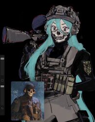 1girl aqua_eyes aqua_hair bandana bandana_over_mouth black_background black_bodysuit black_gloves bodysuit brown_pants brown_vest call_of_duty call_of_duty:_modern_warfare_2 cowboy_shot ghost_(modern_warfare_2) gloves gun hatsune_miku headphones headset helmet highres holding holding_weapon load_bearing_vest long_hair long_sleeves microphone pants pouch reference_inset shiroinsomnia simple_background solo sunglasses thigh_pouch very_long_hair vest vocaloid weapon worldwide_miku