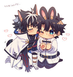 2boys animal_ear_fluff animal_ears black_hair blue_eyes blush cat_ears cat_tail charlemagne_(fate) chibi chibi_only clenched_hands command_spell fate/grand_order fate_(series) fujimaru_ritsuka_(male) highres kemonomimi_mode kneeling licking licking_another&#039;s_cheek licking_another&#039;s_face long_sleeves male_focus multiple_boys nagita_(nagi) one_eye_closed rabbit_ears simple_background tail white_background yaoi