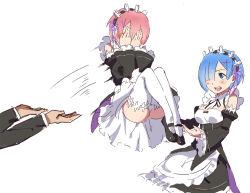 10s 2girls ass bad_id bad_pixiv_id blue_eyes blue_hair blush breasts club3 covering_face detached_sleeves dress hair_ornament hair_over_one_eye hair_ribbon headdress looking_at_viewer maid medium_breasts multiple_girls panties pink_hair ram_(re:zero) re:zero_kara_hajimeru_isekai_seikatsu rem_(re:zero) ribbon short_hair siblings simple_background sisters thighhighs throwing twins underwear white_background white_legwear x_hair_ornament