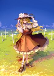 1girl absurdres black_hat black_shoes black_skirt black_vest blonde_hair blood blood_on_clothes blood_on_face blood_on_hands blue_sky commentary commentary_request cross dolls_in_pseudo_paradise english_commentary frilled_hat frilled_shirt_collar frilled_skirt frilled_vest frills full_body gloves grass grave hand_on_headwear hat hat_feather hat_ribbon highres jacket_girl_(dipp) loafers long_hair long_sleeves looking_at_viewer mixed-language_commentary outdoors parted_bangs puffy_long_sleeves puffy_sleeves red_eyes reverse_spirit ribbon scenery shirt shoes skirt sky smile socks solo standing touhou uzumibi vest white_gloves white_shirt white_socks