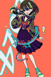 1girl 2024 artist_logo black_hair blue_sailor_collar blue_serafuku blue_shirt blue_skirt chinese_zodiac dragon dragon_print eastern_dragon fish green_socks highres logo one_eye_closed open_mouth original pleated_skirt print_shirt sailor_collar school_uniform seahorse serafuku shirt short_hair skirt socks take_(takegarou) year_of_the_dragon