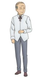 Rule 34 | 1boy, anime coloring, balding, closed eyes, closed mouth, collared shirt, dungeon people, full body, grey hair, grey pants, lanhiringe (dungeon no naka no hito), looking at viewer, mature male, nakayama yumi, neck ribbon, official art, pants, red ribbon, ribbon, shirt, shoes, short hair, simple background, sleeves rolled up, smile, solo, standing, transparent background, untucked shirt, very short hair, white shirt