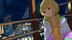 Rule 34 | 1girl, :3, absurdres, blonde hair, braid, building, city, city lights, cityscape, closed mouth, ferris wheel, ferris wheel interior, fujita kotone, gakuen idolmaster, hair ribbon, highres, idolmaster, jacket, ligne claire, long hair, long sleeves, multicolored jacket, night, night sky, ninuru, ribbon, shirt, sky, skyscraper, smile, solo, twin braids, upper body, window, yellow eyes, yellow shirt