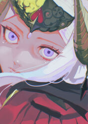 1girl absurdres cape close-up closed_mouth collared_cape commentary_request double_bun dress edelgard_von_hresvelg edelgard_von_hresvelg_(timeskip) fake_horns fire_emblem fire_emblem:_three_houses hair_bun hair_up head_tilt headpiece high_collar highres horns looking_at_viewer looking_to_the_side nintendo out_of_frame purple_eyes red_cape red_dress shade solo tappuri_herushii upper_body white_hair