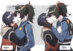 !? 2girls before_and_after belle_(zenless_zone_zero) black_gloves black_hair black_shirt blue_hair blue_jacket blush checkered_necktie closed_eyes dated fingerless_gloves french_kiss from_side gloves green_eyes grey_background hairband hand_in_another&#039;s_hair hand_on_another&#039;s_cheek hand_on_another&#039;s_face heart height_difference hug jacket jouhou kiss metal_hairband multicolored_hair multiple_girls musical_note necktie orange_gloves ponytail profile red_eyes red_hair shirt short_hair signature sleeveless sleeveless_jacket small_sweatdrop spoken_heart spoken_interrobang spoken_musical_note streaked_hair sweatdrop trembling twitter_username upper_body yuri zenless_zone_zero zhu_yuan