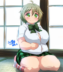10s 1girl belly bow bowtie breasts bursting_belly bursting_breasts collared_shirt eyebrows fat female_focus green_eyes green_hair hand_on_own_stomach huge_breasts matching_hair/eyes mikomu miniskirt nakazawa_minori no-rin seiza shirt sitting skirt smile solo thick_eyebrows thick_thighs thighs undersized_clothes