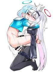 1futa 1girl arona_(blue_archive) bad_tag bar_censor black_eyes black_hairband blue_archive blue_eyes blue_hair blue_halo censored colored_inner_hair drawstring erection futa_with_female futanari grey_hair hairband halo high_ponytail knees_up leg_lock loli long_hair long_sleeves michomicho multicolored_hair open_mouth oral penis pink_hair plana_(blue_archive) ponytail red_halo short_hair shorts simple_background sitting suspended_congress tongue tongue_out white_background white_shorts