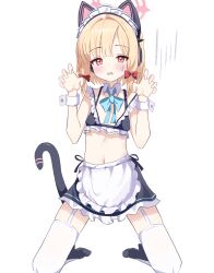 1girl alternate_costume animal_ear_headphones animal_ears apron bikini black_bikini black_shoes black_skirt blonde_hair blue_archive blue_bow blush bow cardcat_00 cat_ear_headphones cat_tail claw_pose detached_collar fake_animal_ears fake_tail flat_chest frilled_apron frills garter_straps hair_bow halo headphones highres kneeling looking_at_viewer maid maid_apron maid_bikini maid_headdress momoi_(blue_archive) navel pink_halo red_bow red_eyes shoes short_hair simple_background skirt solo swimsuit tail thighhighs unconventional_maid waist_apron white_apron white_background white_thighhighs wrist_cuffs