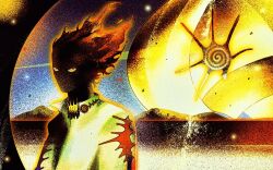 1other abstract black_border black_fire black_skin border colored_sclera colored_skin colorful faux_retro_artstyle film_grain fire from_side glowing green_sclera green_shirt highres looking_at_viewer multicolored_eyes night night_sky original other_focus outline patterned_clothing round_border shaded_face shirt sky solo surreal umisida upper_body yellow_eyes
