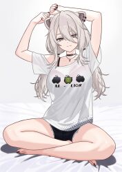 1girl absurdres ahoge animal_ear_fluff animal_ear_piercing animal_ears arms_up bare_legs barefoot bed_sheet belt belt_collar black_belt black_nails black_shorts bra_strap breasts closed_mouth clothes_writing collar commentary cutoffs danimocles denim denim_shorts english_commentary feet grey_eyes grey_hair hair_between_eyes highres hololive indian_style jewelry large_breasts legs light_smile lion_ears lion_girl long_hair looking_at_viewer loose_clothes loose_shirt low_twintails nail_polish necklace off_shoulder official_alternate_costume official_alternate_hairstyle pendant see-through_silhouette shirt shishiro_botan shishiro_botan_(casual) short_shorts short_sleeves shorts sidelocks simple_background sitting solo split_mouth t-shirt toenail_polish toenails toes twintails virtual_youtuber white_background white_shirt