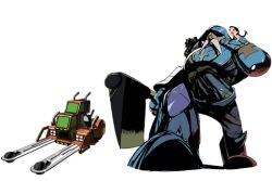 Rule 34 | 1boy, 1girl, :o, age difference, axe, baum (tailenders), chirico (tailenders), helmet, official art, promotional art, tailenders, vehicle