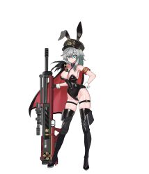 1girl absurdres alternate_costume animal_ears armband bare_shoulders black_boots black_gloves black_hat black_leotard black_survival black_thighhighs blue_eyes boots breasts bullpup cape cleavage contrapposto detached_collar eternal_return:_black_survival fake_animal_ears full_body gloves grey_hair gun hand_on_own_hip hat high_heel_boots high_heels highleg highleg_leotard highres katja_(black_survival) large_breasts leotard long_hair looking_at_viewer necktie p_chemistry peaked_cap playboy_bunny rabbit_ears rifle short_necktie simple_background skindentation sniper_rifle solo strapless strapless_leotard thigh_boots thigh_strap thighhighs walther walther_wa_2000 weapon white_background wrist_cuffs