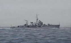 Rule 34 | acrylic paint (medium), atelier bono, evening, flag, frigate, hachijo (frigate), highres, imperial japanese navy, mast, military vehicle, morning, no humans, ocean, original, painting (medium), ship, sky, smoke, smokestack, traditional media, vehicle focus, warship, watercraft