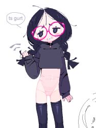 1girl 87kt black_hair black_hoodie black_thighhighs blush braces braid forehead hana_(87kt) hood hoodie leotard original parted_bangs pink-framed_eyewear pink_leotard purple_eyes round_eyewear simple_background thighhighs twin_braids white_background