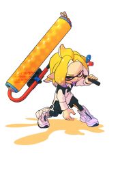 1boy 39_uxue black_leggings black_shorts blonde_hair commentary_request fang full_body highres holding holding_weapon inkling inkling_boy inkling_player_character leggings leggings_under_shorts male_focus medium_hair nintendo pink_eyes pointy_ears shoes shorts solo splat_roller_(splatoon) splatoon_(series) splatoon_3 standing tentacle_hair tongue tongue_out watermark weapon white_background white_shoes