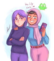 ... 2girls aosora_(mizore) black_eyes black_hair breasts cellphone commentary crossed_arms dark-skinned_female dark_skin duo_(duolingo) duolingo eyeshadow grin headscarf hijab holding holding_phone lily_(duolingo) makeup medium_breasts multiple_girls pants phone pink_hijab pink_pants pink_scarf purple_eyeshadow purple_hair purple_pants purple_shirt scarf shirt signature smartphone smile turtleneck zari_(duolingo)