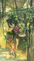 1girl absurdres animal_ears black_hair black_nails blue_butterfly bug butterfly cat_ears cat_girl dungeon_meshi hair_between_eyes highres insect izutsumi midriff navel omurice_(304975636) red_scarf scarf short_hair smile solo tongue tongue_out walking_mushroom_(dungeon_meshi) yellow_eyes