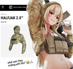 1girl alternate_costume ammunition_pouch assault_rifle blonde_hair camouflage camouflage_jumpsuit chest_rig commentary cropped_jacket dgkamikaze emoticon english_commentary english_text girls&#039;_frontline girls&#039;_frontline_2:_exilium grin gun highres holding holding_gun holding_weapon hood hood_up hooded_jacket jacket long_hair m4_carbine m4_sopmod_ii_(girls&#039;_frontline) midriff multicolored_hair navel pouch red_eyes red_hair rifle screenshot_inset shirt smile solo streaked_hair weapon